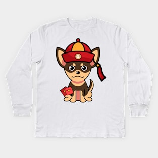 Funny small dog celebrates lunar new year Kids Long Sleeve T-Shirt